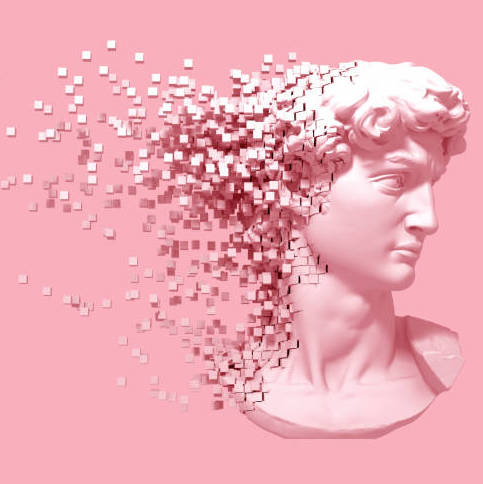 statue head bust slowly pixelating against pink background